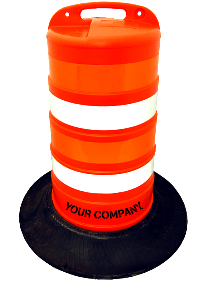 37\" Tall Channelizer Drum w/Four 4\" EG Reflective Stripes, Recycled Tire Wall Base \u0026 Custom Stencil
