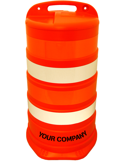 37\" Tall Channelizer Drum w/ Four (4) 4\" Engineer Grade Reflective Stripes \u0026 Custom Stencil