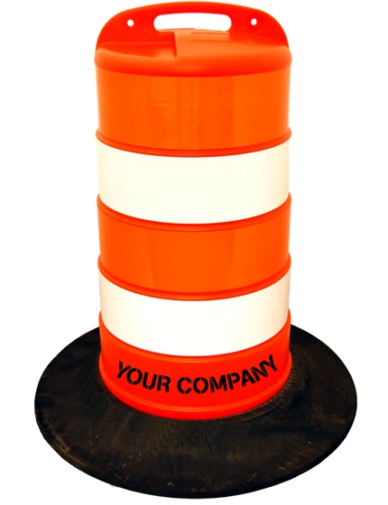 37\" Tall Channelizer Drum w/Four 6\" EG Reflective Stripes, Recycled Tire Wall Base \u0026 Custom Stencil