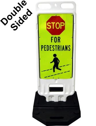 12\"x24\" Reflective Lime, STOP Symbol \"FOR PEDESTRIANS\", Vertical Panel Barricade w/28 Lb. Base