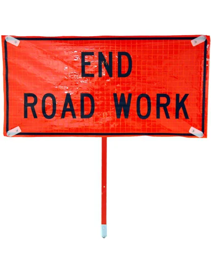 Rectangular, 48\" x 24\" Roll-Up, Non-Reflective, END ROAD WORK sign, RIBS ASSEMBLED TO SIGN