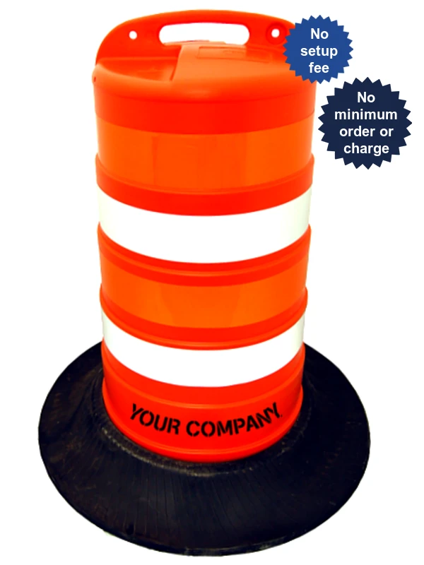 37\" Tall Channelizer Drum w/Four 4\" EG Reflective Stripes, Recycled Tire Wall Base \u0026 Custom Stencil
