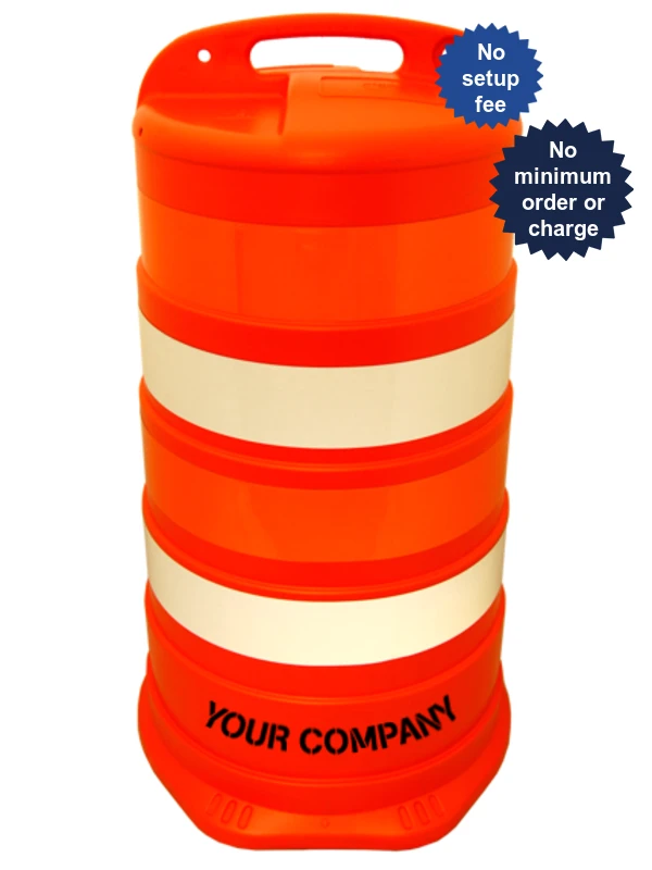 37\" Tall Channelizer Drum w/ Four (4) 4\" Engineer Grade Reflective Stripes \u0026 Custom Stencil