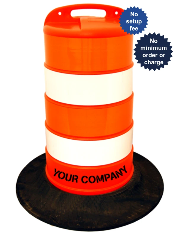 37\" Tall Channelizer Drum w/Four 6\" EG Reflective Stripes, Recycled Tire Wall Base \u0026 Custom Stencil
