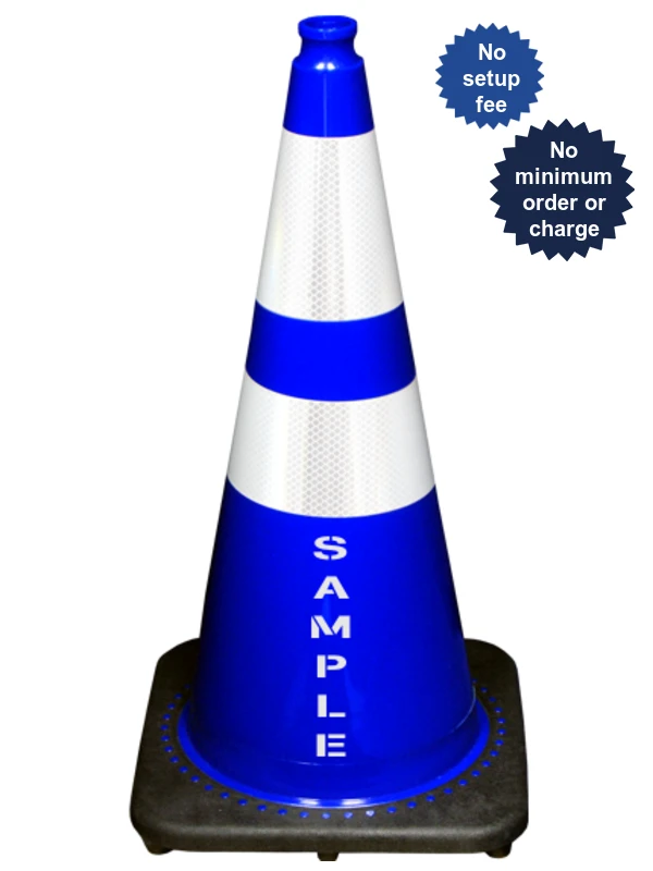 Blue 28\" 7.0 Lb. Black Base Cone, 6\" \u0026 4\" Reflective Collars and Custom Stencil