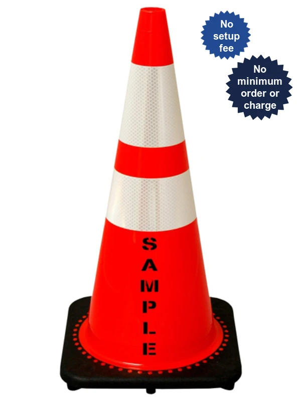 Orange 28\" 7.0 Lb. Black Base Cone, 6\" \u0026 4\" Reflective Collars and Custom Stencil
