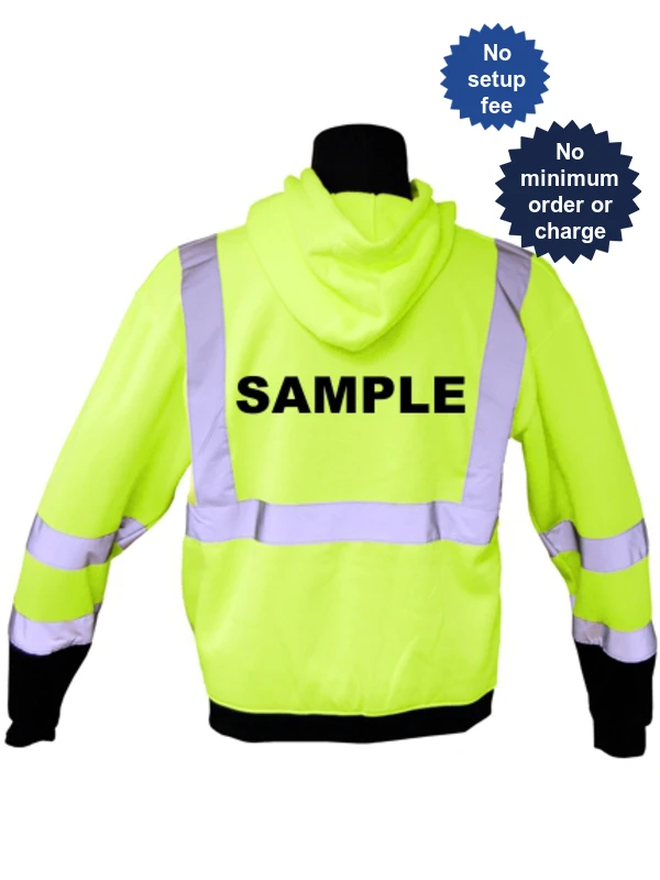 Class 3, Lime, Hooded Full Zipper Sweatshirt, 2XL w/Non-Reflective Custom Lettering