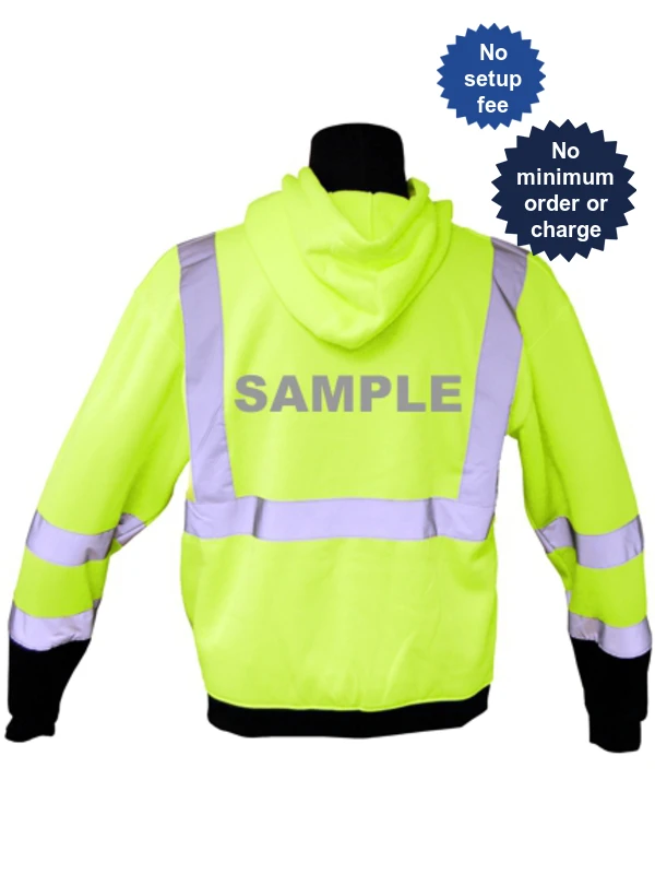 Class 3, Lime, Hooded Full Zipper Sweatshirt, Medium w/Reflective Custom Lettering