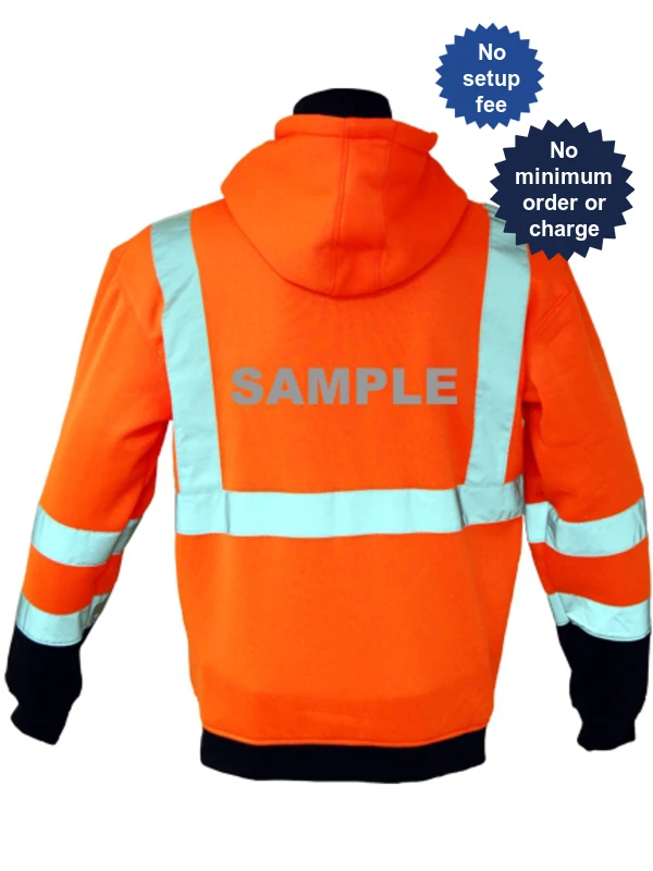 Class 3, Orange, Hooded Full Zipper Sweatshirt, Large w/Reflective Custom Lettering